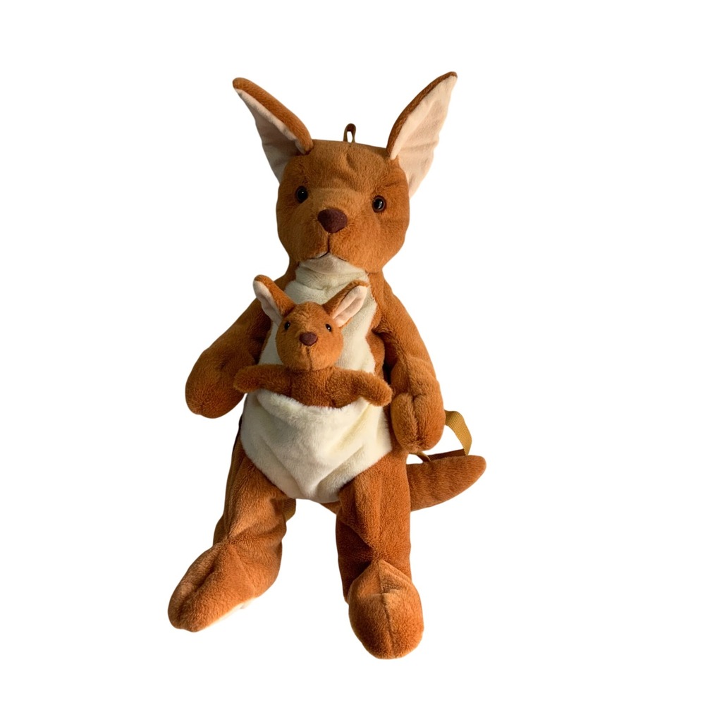 Plush Kangaroo Backpack with Baby Joey Pouch Tan Cream Adjustable Straps 17 Inch
